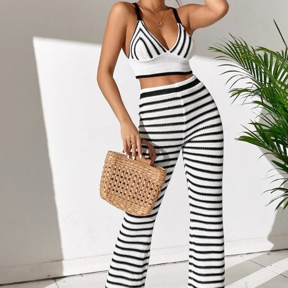 Coord set Preppy Womens Striped Pattern Cami Knit Top & Knit Pants - Picture 5 of 5